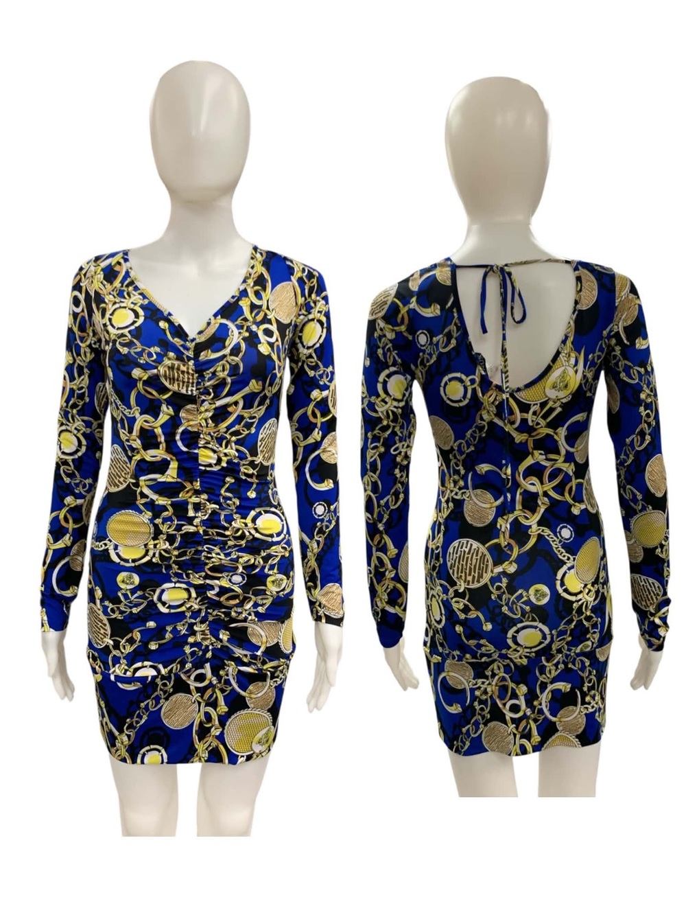 VENUS Royal Blue & Gold Chain-Print Long Sleeve Bodycon Dress Size S
